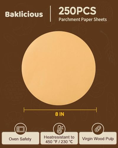 Baklicious 8inch 250pcs Unbleached Non-Stick Parchment Paper Rounds - size: 8inch-250-Unbleached