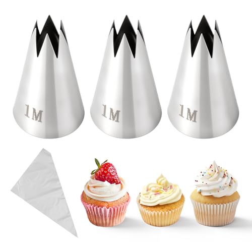 3 Pcs 1M Piping Tips Set, Stainless Steel Star, With Piping Bags