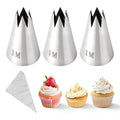 3 Pcs 1M Piping Tips Set, Stainless Steel Star, With Piping Bags