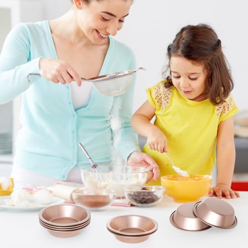 8 Pack Mini Pie Pans, 5 Inch Mini Pie Tins Gold Reusable Round Small Pie Pans, Carbon Steel Tart Pan Nonstick Small Pie Molds Quiche Tins Baking Set with Silicone Oil Brush & Scrubber - color: Gold 5-inch Set of 8