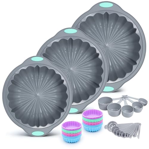 To encounter 44 Pieces Silicone Round Cake Pans Set, 3 Sizes Silicone Fluted Cake Pan Set with Reusable Baking Cups, Food Grade Baking Molds for Brownie, Bread, Muffin, Light Grey - size: 44 Pcs Round Cake Pan