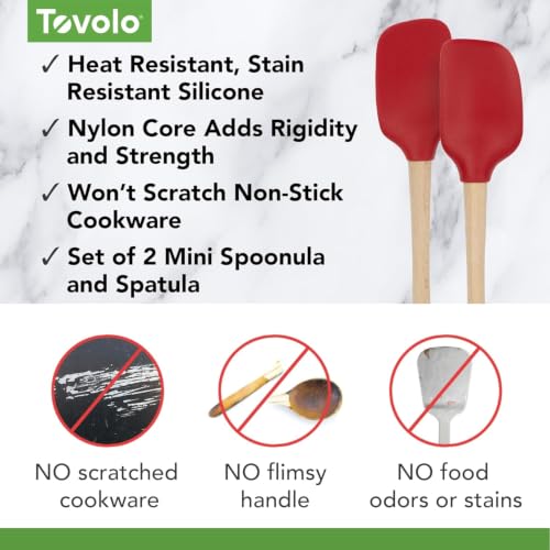 Tovolo Mini Spoon Spatula Wooden Handle Set for Cooking & Baking, Heat Resistant Safe for Cast Iron BPA Free Silicone Mixing Tool Natural Wood Perfect for Scraper Mixing Spooning, Cayenne Red - color: Cayenne