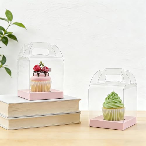 24 Count Individual Cupcake Containers, 4inch Cupcake Boxes Individual, Clear Cupcake Carrier(24, Pink) - color: Pink