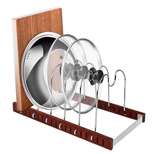 Pot Lid & Pan Organizer, Space-Saving Kitchen Cabinet Organizer W Oak Base & Self-Adaptive Flexible Design for Tray, Baking Sheet, Cutting Board, Cookware, Skillets - Cutting Board Holder Storage