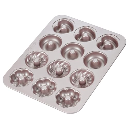 CHEFMADE Donut Mold Cake Pan, 12-Cavity Non-Stick Pattern Doughnut Bakeware for Oven Baking (Champagne Gold) - size: 02 - Fancy 12 Cups