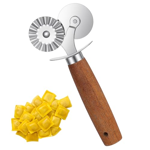 Pie Crimper, Double Headed Pastry Wheel Cutter, Dual-Head Baking Tool, Stainless Steel Ravioli Pasta Dough Cutter, 6.5" Crimper for Pie Crust Cookie Baking for Home and Kitchen Use, Wood Handle