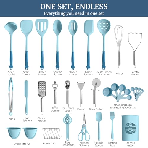 Kikcoin 43 PCS Silicone Kitchen Utensils Set, Cooking Utensils Set, Blue - color: Blue