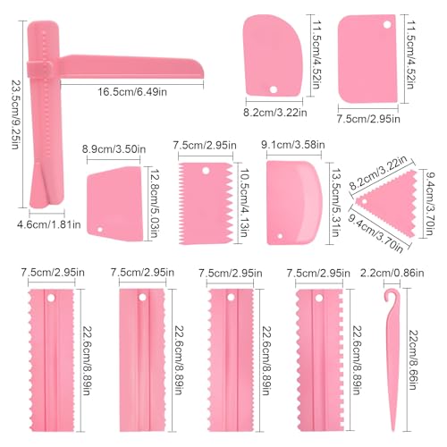 12 Pcs Adjustable Cake Smoother Set, Plastic Cake Decorating Tools Comb and Dough Scrapers for Baking Pastries (Pink)