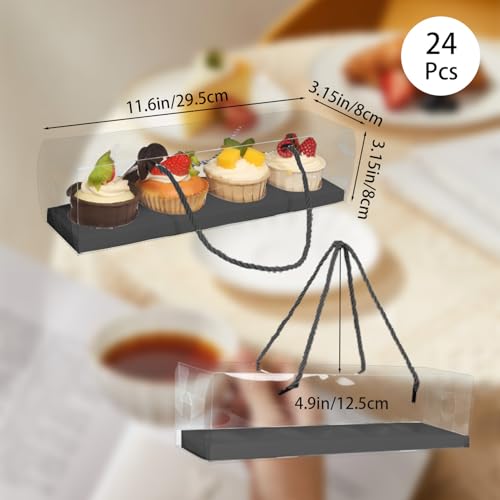 Clear Cupcake Boxes with Handle, 24 Pcs 4 Bakery Cake Boxes, Rectangular Cupcake Containers, Transparent Treat Boxes, Gift Boxes for Wedding Party, Dessert Packaging,12 x 3 x 3 Inch (Black) - color: Black
