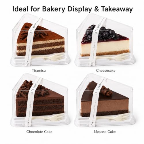 50 Pieces Cake Slice Plastic Containers with Disposable plastic fork and Stickers,5.7 Inches Hinged Lid Cheese cake Container,Cupcake containers,individual cupcake containers, Bakery and Cafe