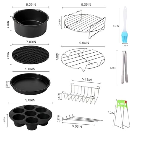 JACKGOLD Air Fryer Accessories Set Fit All 5.2qt-6.8qt And Larger Ovens, Cake & Pizza Pan, Metal Holder, Rack & Skewers, etc, BPA Free, Nonstick, Dishwasher Safe,Universal, Black (9 Inch 10-Piece) - style: 9 Inch 10-Piece