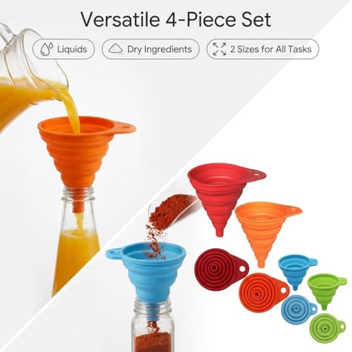 4-Piece Collapsible Kitchen Funnel Set, Silicone Foldable Funnel Kit, Suitable for Liquids and Dry Ingredients, Space-Saving Design, Easy to Clean