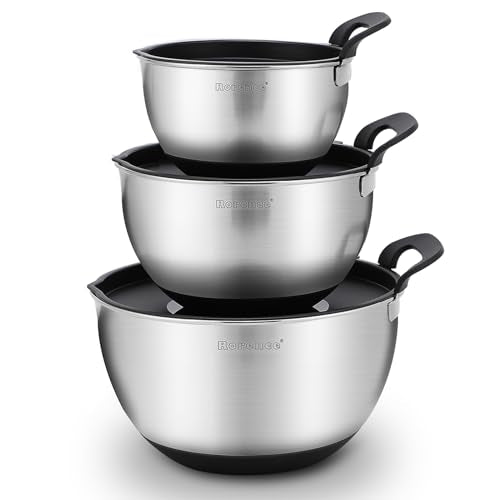 Rorence Stainless Steel Mixing Bowls: Stackable Mixing Bowl Set with Lids and Handles Non-slip Silicone Bottom Nesting Bowls for Kitchen Set of 3 - Black - color: Black
