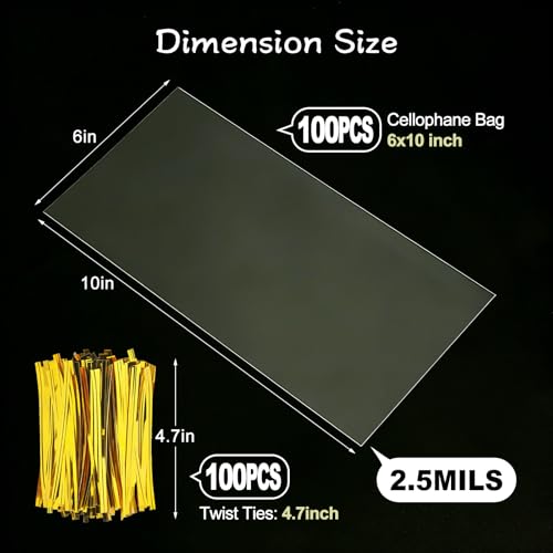 Gewutho 100 Pack Cellophane Bags, 6×10-Inch Clear Cellophane Gift Bags with 100 Gold Twist Ties Included, Plastic Packaging Bags Ideal for Wrapping Cookies, Candies, Party Favors, and Popcorn