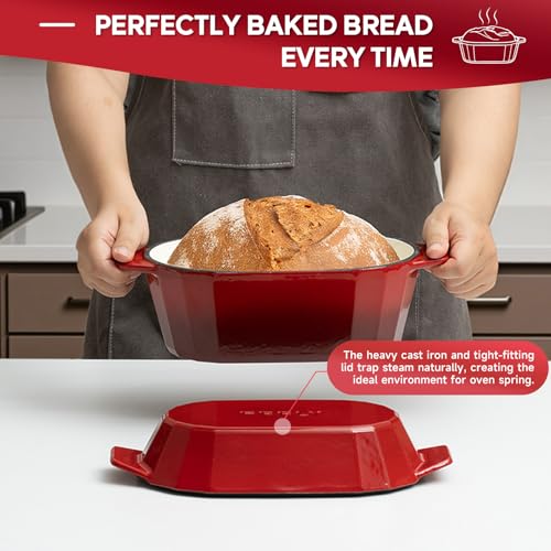 Enameled Cast Iron Dutch Oven for Bread Baking – 3QT Oval Round Heavy Duty Bread Pan with Lid, Non-Stick Ceramic Coating,Loaf Cast Iron Bread Oven for Sourdough, Baking, Roasting, Braising, Stovetop & Oven Safe - color: Red