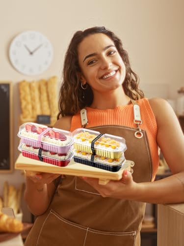 NEEBAKE 150 Pack 6.8 oz Disposable Mini Loaf Pans with Lids and Spoons - 6.5x2.5x1.2 Mixed Color Aluminum Loaf Pans, Small Aluminum Tin Foil Baking Pan, Food Containers for Baking, Cakes, Bread - color: Mixed Color