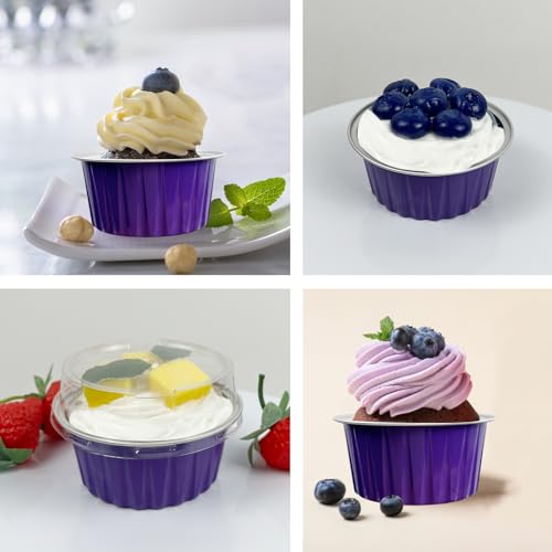 100Pcs Aluminum Cups with Lids,5oz Disposable Ramekin Baking Cups Muffin Liners Mini Pie Pans Foil Cupcake Containers for Christmas Party Wedding Party,Dark Purple - color: Dark Purple