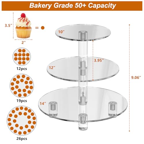 3 Tier Acrylic Cupcake Tower, 10" 12" 14" Round Trays - size: 14" x 14" x 9.1"