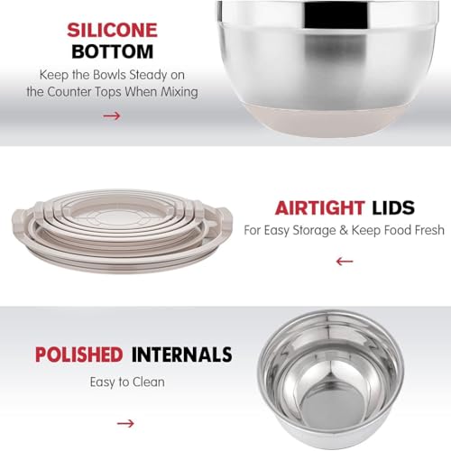Rottay 20PCS Stainless Steel Mixing Bowls with Airtight Lids Set - color: oatmeal