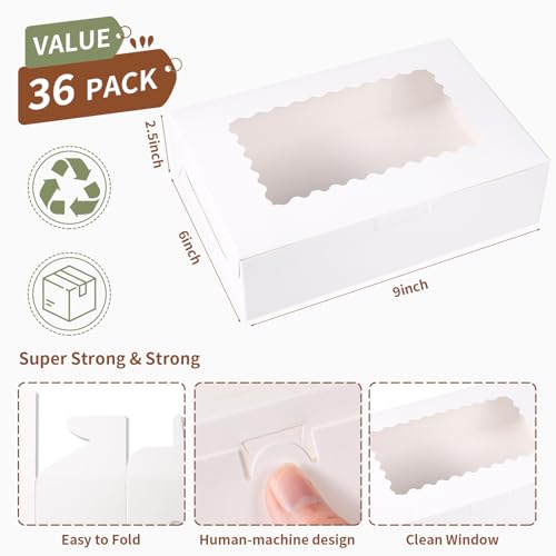 36 pcs Cookie Boxes,9x6x2.5 Inch Large Bakery Boxes with Window for Pies Chocolate Strawberries Muffins Donuts Pastry Dessert Christmas (White, 9 * 6 * 2.5inch/36pcs) - color: White, size: 9*6*2.5inch/36pcs