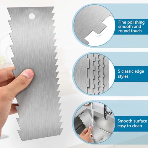 SenseYo 3 Pcs 9 Inch Stainless Steel Cream Cake Scraper Smoother Comb with Double Sides for Decorating Icing Mousse Butter - size: 3