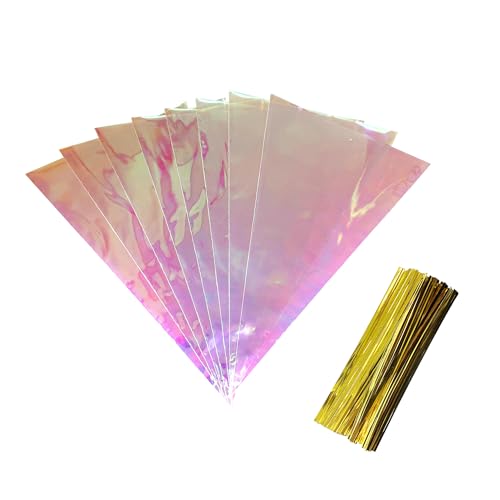FERENLI 50 Pcs Cone Shaped Iridescent Holographic Cellophane Treat Bags - size: 7.3x12 inch