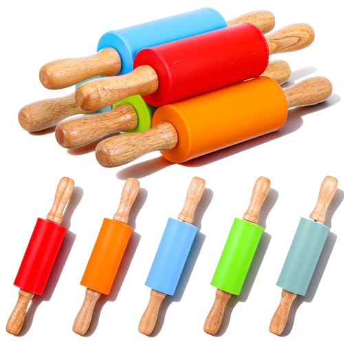 10Pcs 9 Inch Mini Rolling Pins, Non-Stick Silicone Rolling Pins with Wooden Handle, 5 Colors for Baking Cookies, Dough, Fondant & Craft Clay