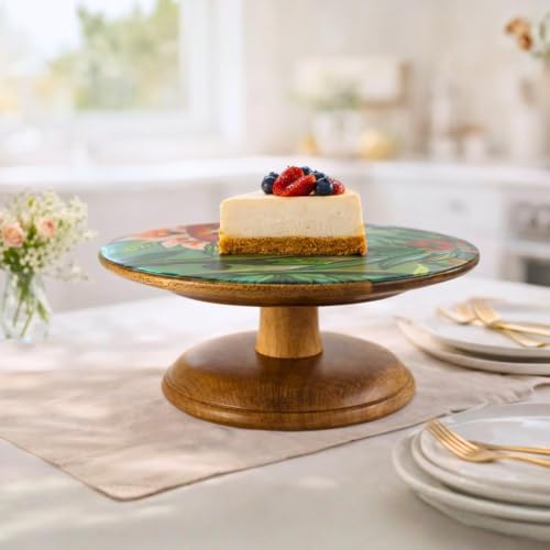 nestroots Cake Stand, Wood with Steel Base, Round Cupcake Stand (Mango Wood (10" x 4.5"))