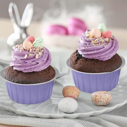 100Pcs Aluminum Cups with Lids,5oz Disposable Ramekin Baking Cups Muffin Liners Mini Pie Pans Foil Cupcake Containers for Christmas Party Wedding Party,Purple - color: Light Purple