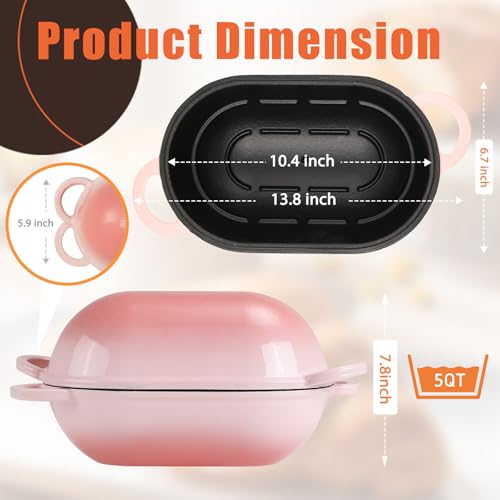 5 QT Enameled Cast Iron Sourdough Bread Oven, Loaf Pan with Lid - color: Pink, size: 5 QT