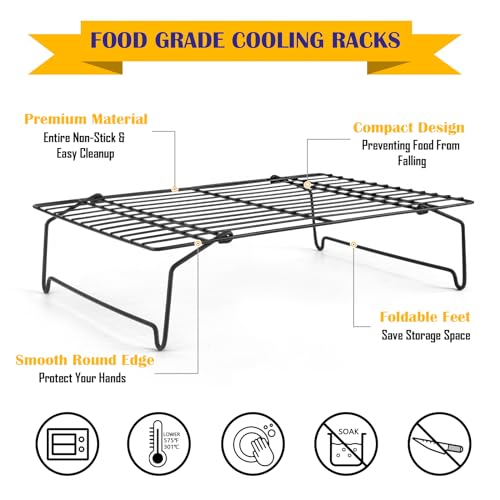 Leonyo Cooling Rack, 2 Tier Stainless Steel Stackable Baking Cooking Racks for Cooling Roasting Grilling, Collapsible & Heavy Duty, Oven Safe & Easy Clean, 15" x 10", Black - color: Black