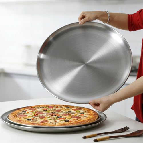 16 Inch Pizza Pan for Oven 2 Pack Stainless Steel Baking Sheet Round Plates for Cake Pie and Salad Pizza Steel Large Tray Oven Dishwasher Safe & Easy Clean - size: 16 Inch