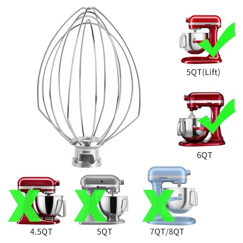 XINBOOG 6 Wire Whisk Attachments Compatible with KitchenAid 5Plus-6QT Mixer - size: Wire Whip