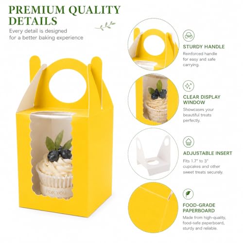 Cupcake Boxes with Window, 25 Pack Single Dessert Gift Boxes with Adjustable Insert Fits 1.7"–3" Cupcakes, Muffins & Cocoa Bombs for Parties, Bake Sales & Baby Showers (Yellow) - color: Yellow, size: 25 PCS