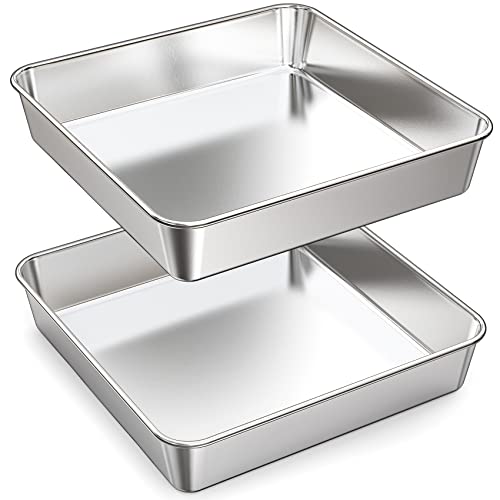 9 Inch Square Cake Pan Set of 2, Stainless Steel Baking Brownie Pan for Lasagna, Roaster Oven Cookie Sheet BBQ Grilling Pan for Baking Breads, Grilling Chicken & Vegetables, Dishwasher Safe