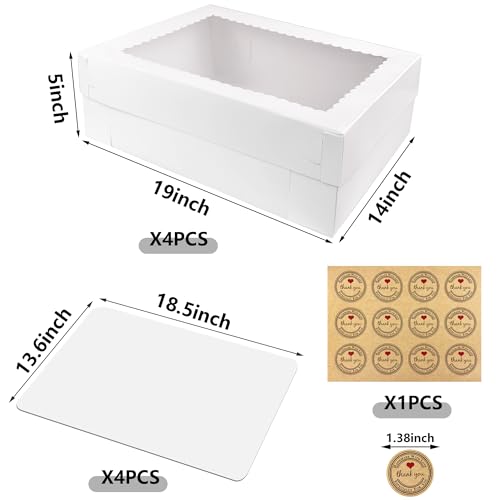 MUMULULU 4 PCS 19x14x5 Inch Cake Boxes with Cake Board White Sheet Rectangular Bakery Boxes with Window for Cookies Dessert Cupcakes Pastry Baking Pie Packaging - size: White 19×14×5