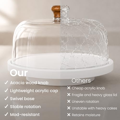 Rotating Acacia Wood Cake Stand with Lid Anti-Mold 12 Inch - 2-in-1 Wooden Charcuterie Board - Covered Dessert Plate with Acrylic Dome - Vintage Pastry Display - Tall Domed Serving Stand Platter - White - color: R - White