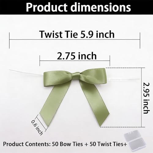 Sage Green Satin Pre-Tied Twist Tie Bows, 50 Pack for Treat Bags - color: Sage Green