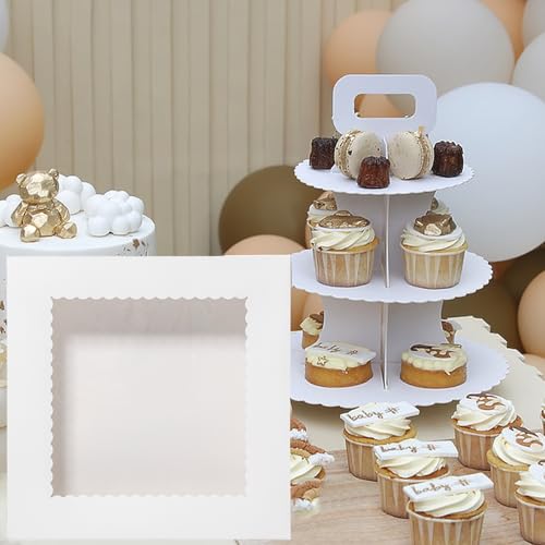 Mefleet 20Pcs 14x14x2.5 Bakery Boxes with Window Pie Pastry Boxes White