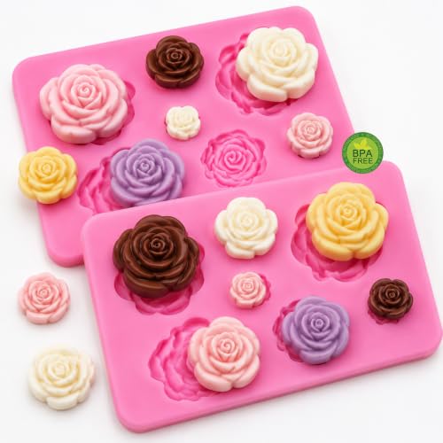 2 Pack Rose Flower Silicone Molds, Food Grade Non-Stick Molds for Cake Chocolate Mousse Jelly Fondant Sugarcraft Wedding Party Baking - color: 2PCS Rose Flowers