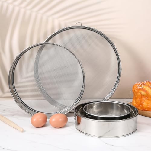4 Pack Flour Sifter with Hanging Ring, Stainless Steel Fine Mesh Strainers, 5.9”/7.9”/10”/11.8” Round Sieve for Baking Cake Bread, 40 & 60 Mesh (Silver)