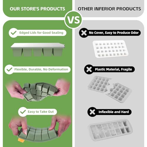FANYITY Silicone Ice Cube Tray with Lid, Green, Pack of 4 Ice Cube Moulds, Silicone Mould, BPA-Free, Stackable Ice Cube Tray, Ice Cube Trays for Baby Porridge, Cocktail, Whiskey, Coffee - color: Green