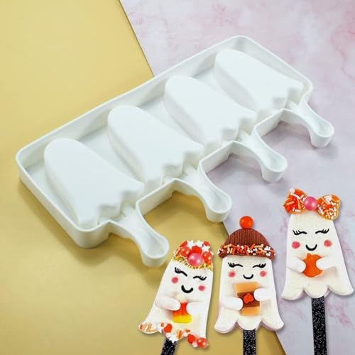 1 Pack Halloween Cute Ghost Shape Popsicle Molds Silicone Ice Pop Molds 4 Cavities Popsicle Molds for Kids Adults Ice Cream Mold Cakesicles Mould DIY Popsicle Maker Homemade Popsicle Silicone Molds B - color: Cute Ghost Popsicle Molds B