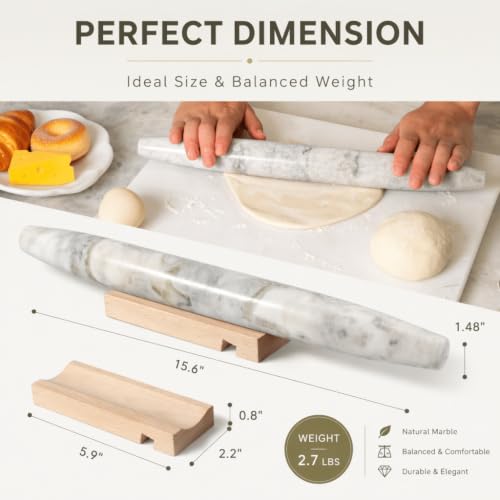 Natural Marble Rolling Pin for Baking, 15.6“ Non-Stick Stone Dough Roller - color: 15.6"x1.48"-Bianco Palomino