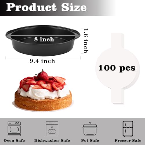 HUAKENER 3 Pcs 8 Inch Round Cake Pans with 100 Pieces Parchment Paper - size: 8 Inch with Handles