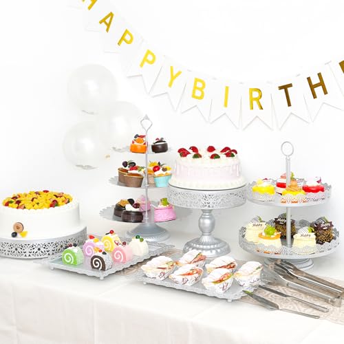 11Pcs Silver Cake Stand Set, Metal Dessert Table Display Set - color: Silver