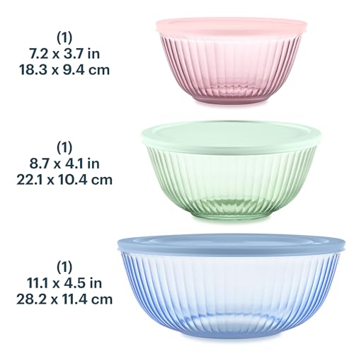 Pyrex Colors (3-Pack) Sculpted Tinted Glass Mixing Bowls with Plastic Lids - color: Pink, Green, Blue, size: 3-Pack, Small/Medium/Large, With Lids