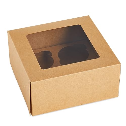 Juvale Cupcake Boxes - 6 x 6 in, 24 Count, Brown - 4-Cup Insert & Clear Window Cupcake Containers & Muffin Boxes