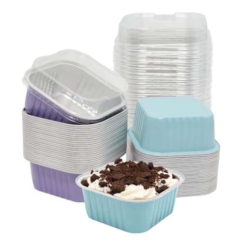 50 Pack 5oz Mini Square Cake Pans with Lids, Purple and Blue - color: Purple and Blue, size: Square