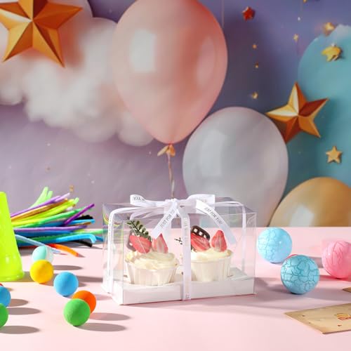 20 Packs 2 Count Clear Cupcake Boxes Cup Cake Holder Containers with Gift Ribbon Cookies Muffins Packaging for Party Baking Wedding plastic Cupcake Carrier for Treat Dessert